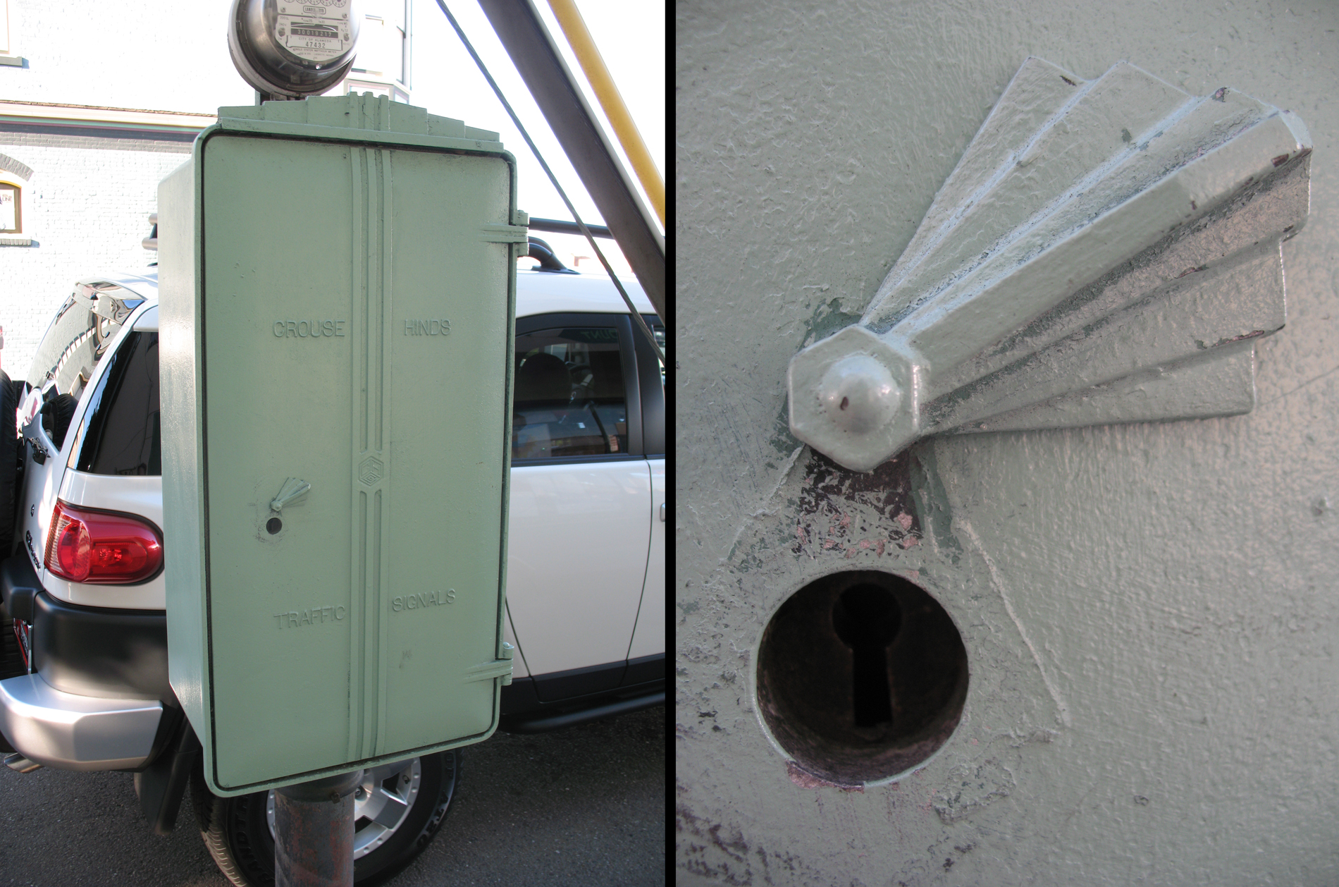 Grouse Hinds art deco design traffic signal cabinet shown in left photo. Detail of cabinet keyway shown in right photo. The keyway cover is also art deco/geometric design.