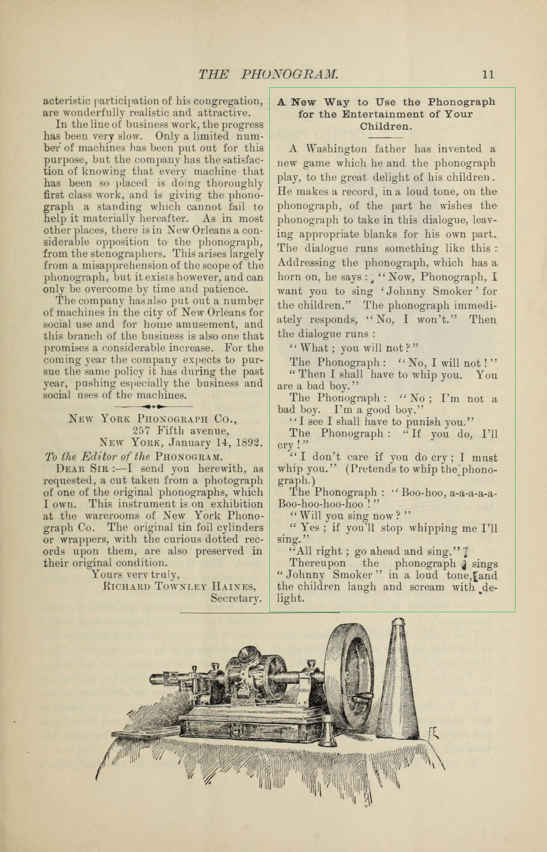 Article details “Washington father” who cut a record so he could do a call-and-response with the phonograph as if the phonograph was a small boy that the father threatends to whip if he/it does not sing a song, all for the entertainment of his children. The phonograph is pretend-beaten and the children “laugh and scream with delight.”