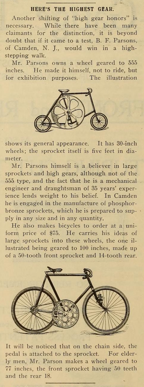 short article describing bicycles (two images) created by B. F. Parsons, one with a sprocket five feet in diameter.