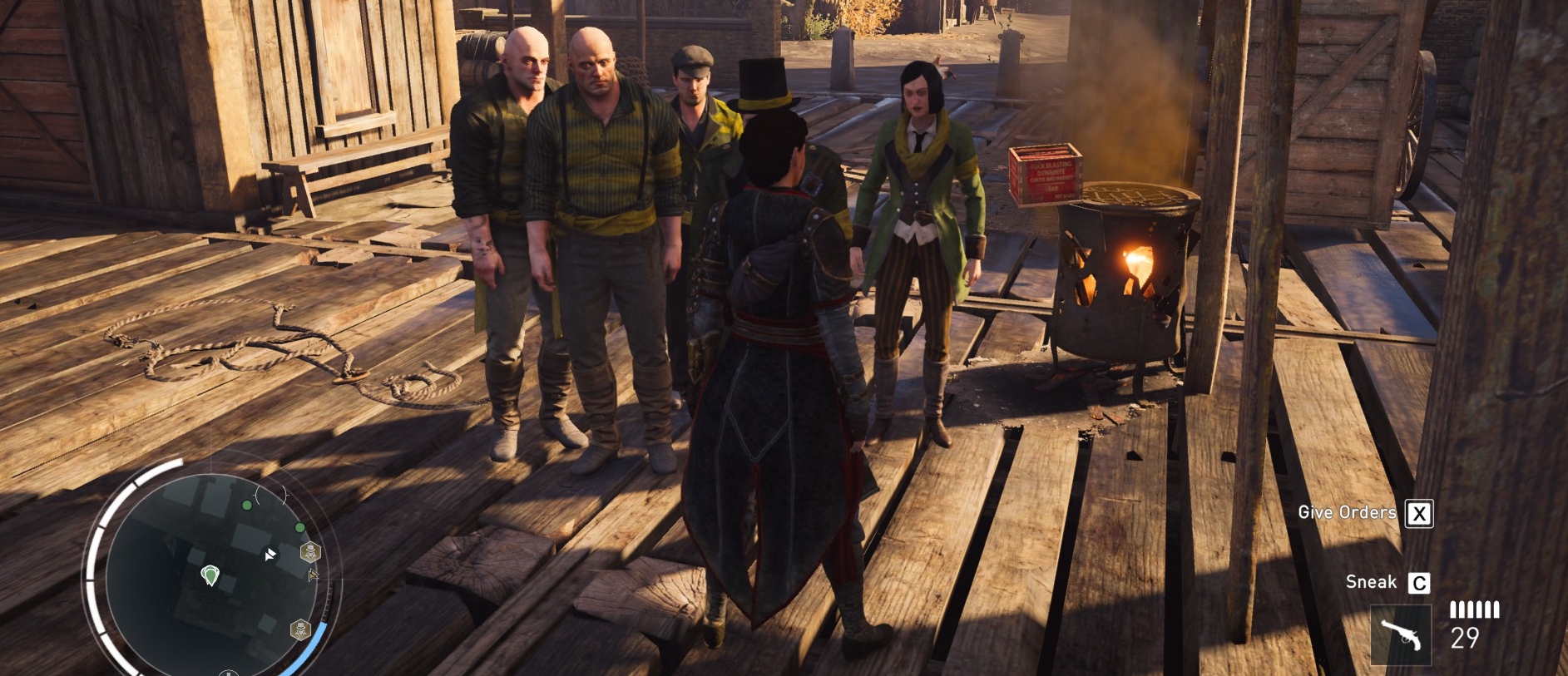Assassin's Creed Syndicate: A box of dynamite is impossibly balanced on the very edge of a fire barrel