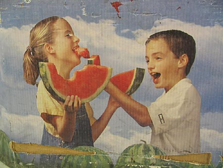 Watermelon packing crate with crazy children