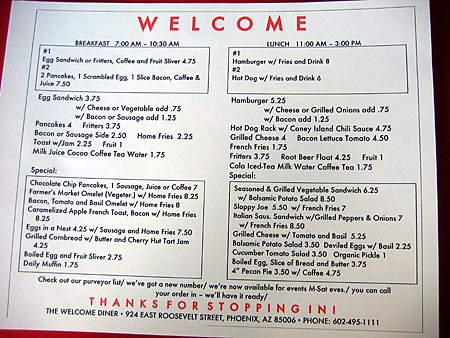 Welcome Diner menu